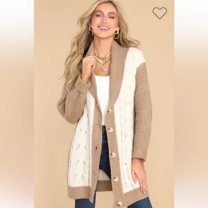 Fable Just For Me Tan Cardigan Sweater Colorblock Chunky Knit Cream Tan M/L NWT